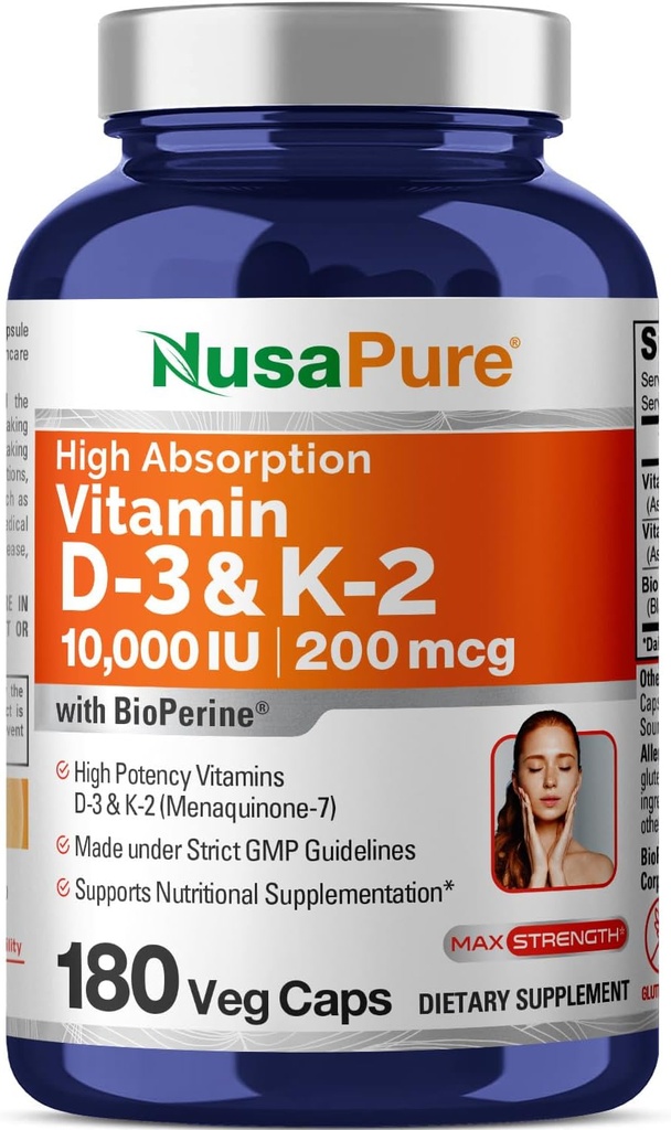 NusaPure Vitamin K2 (MK7) (200mcg) + Vitamin D3 (10000 IU) 180 Veg Caps - Bioperine, Soyfree, Non-GMO