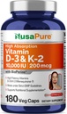 NusaPure Vitamin K2 (MK7) (200mcg) + Vitamin D3 (10000 IU) 180 Veg Caps - Bioperine, Soyfree, Non-GMO