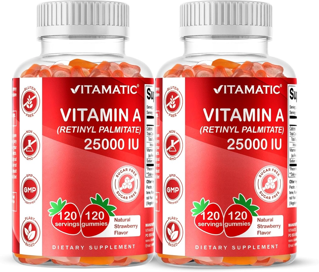Vitamatic Sugar Free Vitamin A 25000 IU Gummies (Retinyl Palmitate) - Natural Strawberry Flavor - 120 Pectin Based Gummies (2 Bottles)