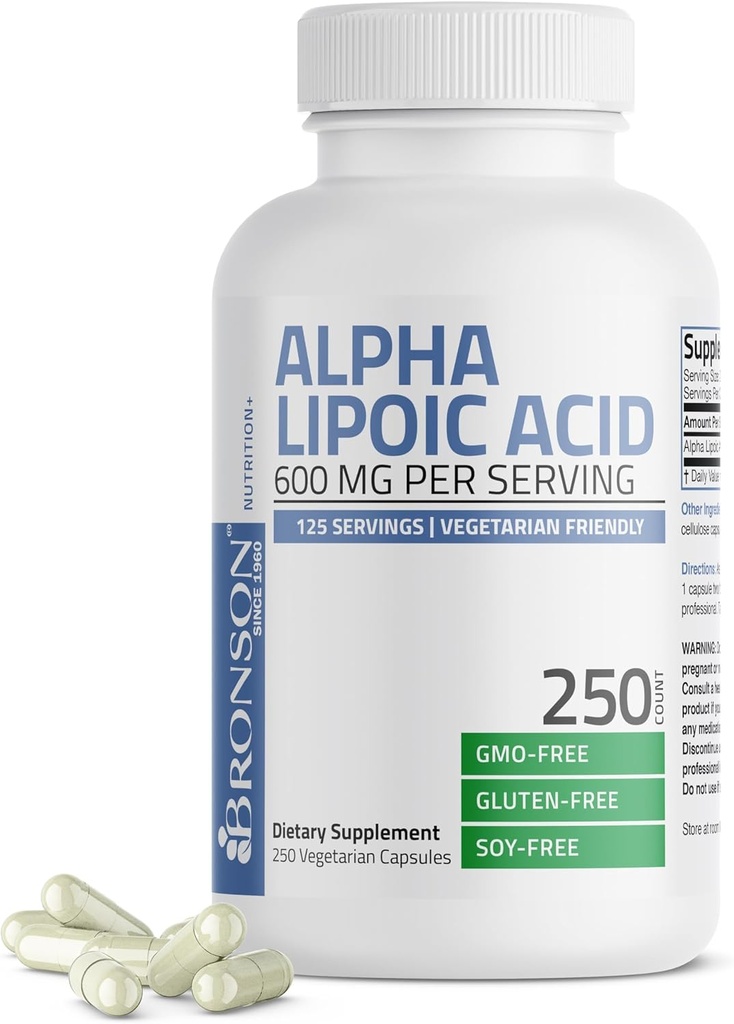 Bronson Alpha Lipoic Acid 600 MG Free Radical Scavenger Supports Antioxidant Health - Non-GMO, 250 Vegetarian Capsules (125 Servings)