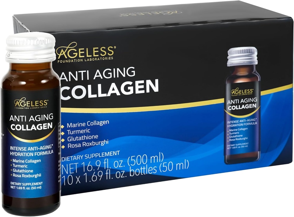 Ageless Ultra Anti Aging Liquid Collagen for Men & Women, Marine Collagen, Turmeric, Glutathione, and Rosa Roxburghii, Multi Vitamins, Skincare, Hydrating & Revitalizing Formula - 50 ml (10 Count)