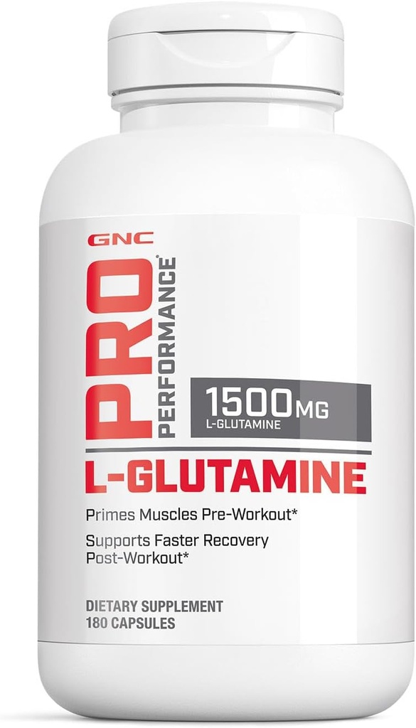 GNC Pro Performance L-Glutamine 1500mg, Amino Acid Supplement, Supports Muscle Recovery & Function, Fuels Immune System, Plays Key Role in Protein Synthesis, Unflavored, Gluten Free, 180 Capsules