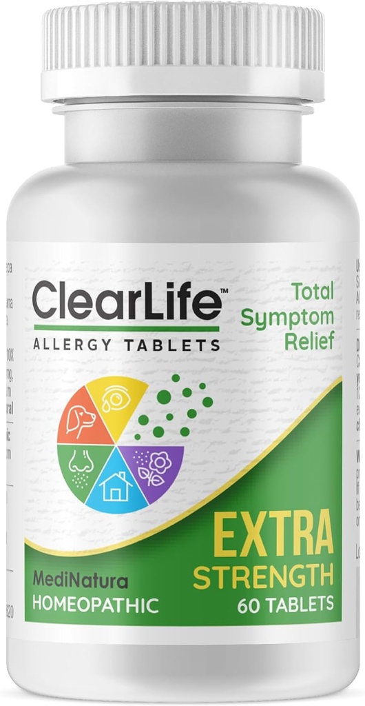ClearLife Extra Strength Multi-System Allergy Relieving Homeopathic Remedy - 15 Powerful Actives Provide Potent Maximum Congestion, Itchiness & Sinus Pressure Relief - Non-Drowsy - 60 Tablets