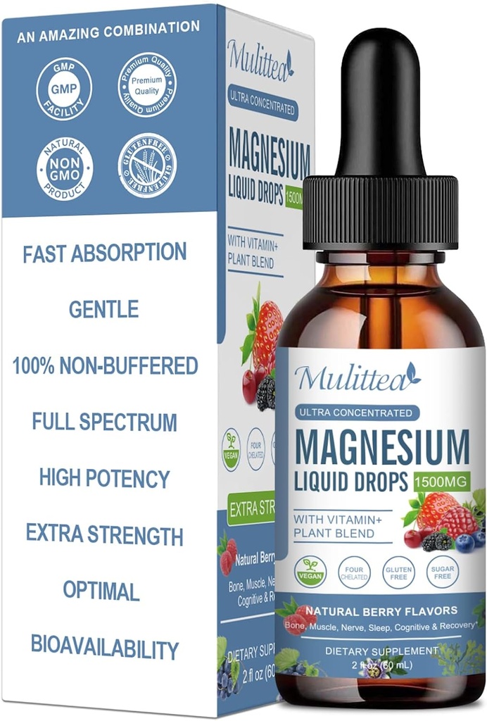 Magnesium Glycinate Liquid Drop - Triple Absorption Supplement to Support Nerves, Sleep, Calm, Heart, Muscles * -Sugar-Free with Potassium, L-Theanine, Sea Moss，Vitamin B,C,D3, K2-1Pack