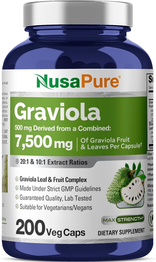 NusaPure Graviola 20:1 & 10:1 Extract - Suitable for Vegetarian/Vegan, Non- GMO - 7500 mg - 200 Capsules
