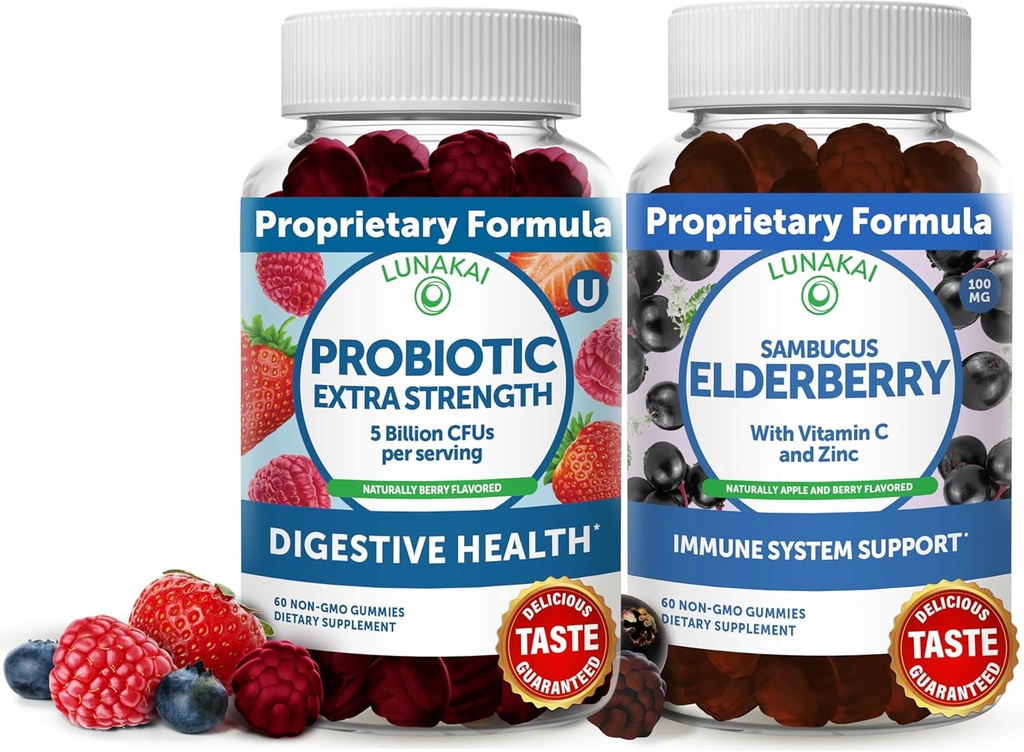 Lunakai Elderberry & Probiotic Gummies Bundle - Immune Support with Zinc and Vitamin C Plus 5 Billion CFUs Per Serving for Digestive Gut Health - Non-GMO, All Natural Gummy