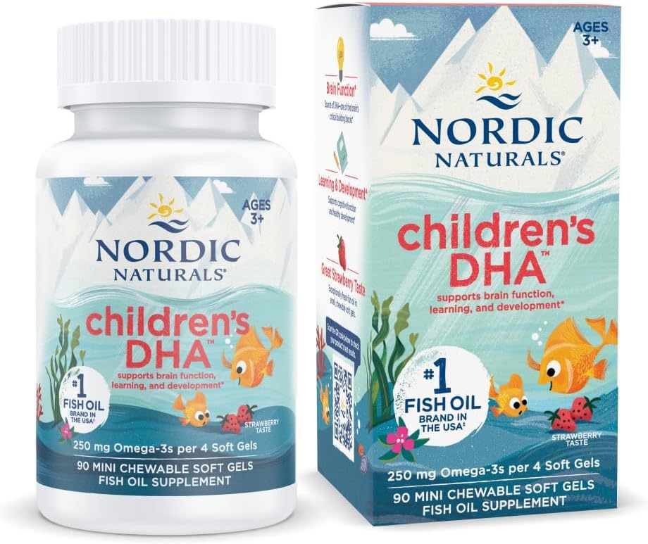 Nordic Naturals Children’s DHA, Strawberry - 90 Mini Chewable Soft Gels for Kids - 250 mg Omega-3 with EPA & DHA - Brain Development & Function - Non-GMO - 22 Servings