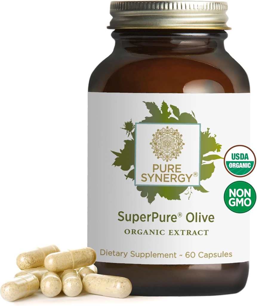 PURE SYNERGY SuperPure Olive Extract | Organic Olive Leaf, Oil, and Fruit Supplement with Polyphenols | for Heart, Brain, and Immune Health (60 Capsules)