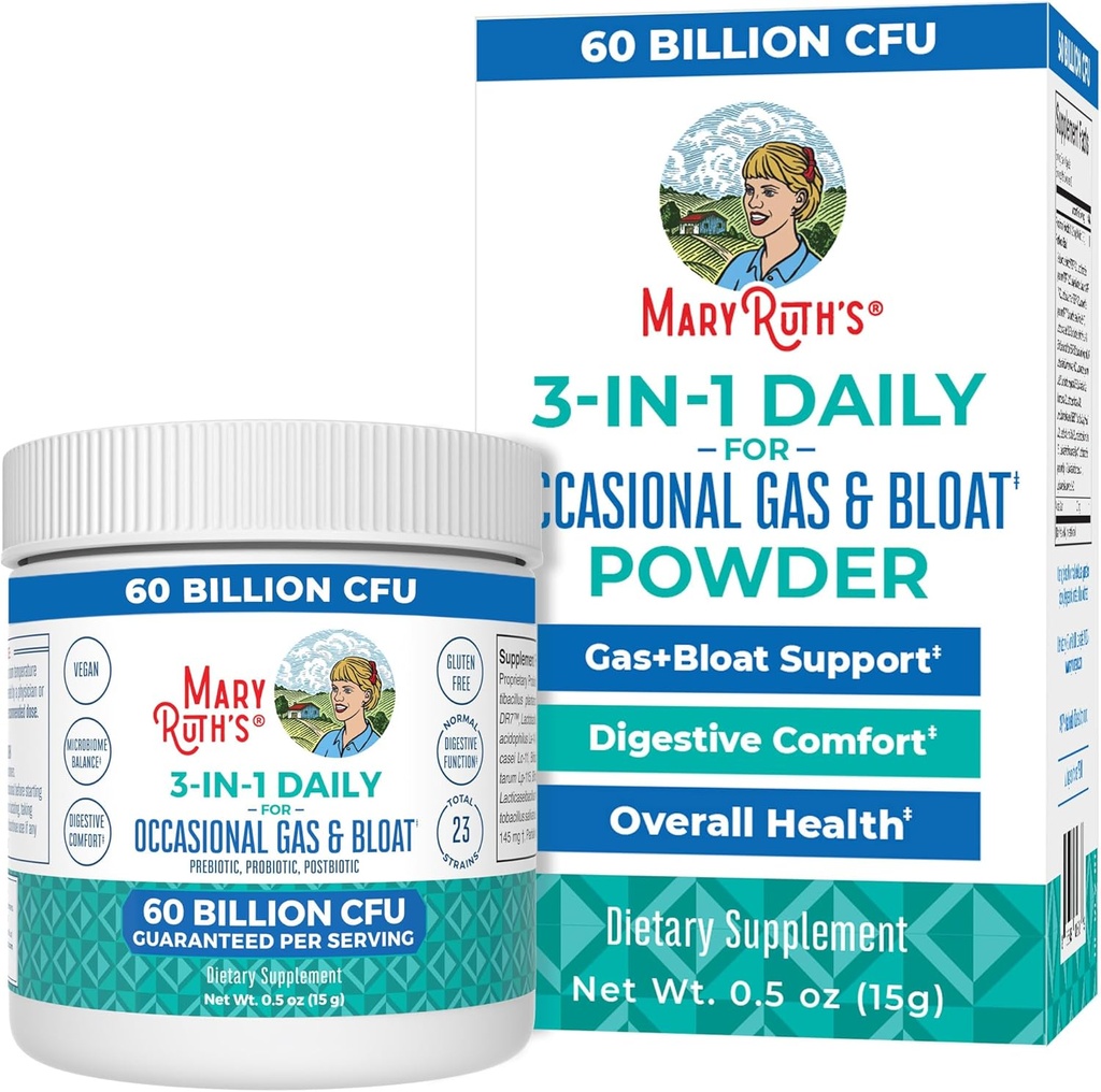 MaryRuth’s 3-in-1 Gas & Bloat Probiotic Powder | Probiotics for Normal Digestive Function | Probiotics for Women & Men | Prebiotics & Postbiotics | 60 Billion CFU | 23 Unique Strains | 0.5 oz