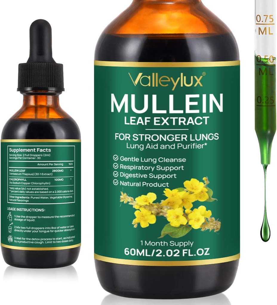 Mullein Drops for Lungs,Mullein Leaf Extract for Lungs,Natural Cleanse,Mullein Leaf Liquid Extract Supplement,Vegetarian Healthy Lifestyle,2 FL OZ