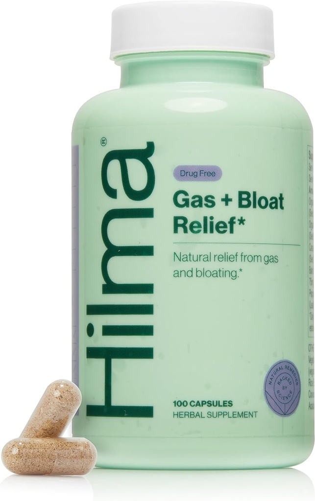 Hilma Natural Gas and Bloating Relief with Lemon Balm, Fennel & Peppermint Leaf, Doctor Formulated with Organic Ingredients, 100 Vegan Capsules