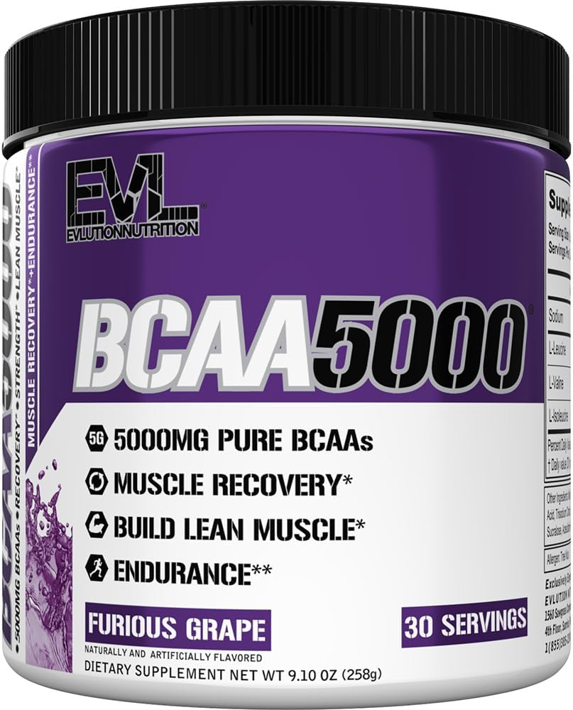 EVL BCAAs Amino Acids Powder - BCAA Powder Post Workout Recovery Drink and Stim Free Pre Workout Energy Drink Powder - 5g Branched Chain Amino Acids Supplement for Men - Furious Grape