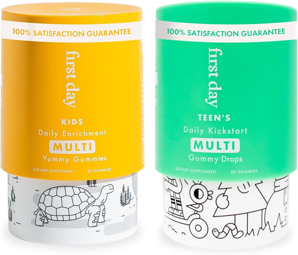 FIRST DAY Multivitamin Gummies Bundle for Kids & Teens – Vitamins A, B, C, D & K + Folate, Magnesium, & Zinc – Made w/Organic Fruits & Veggies, Only 2g Sugar – 2-Pk, 30 Day Supply Each