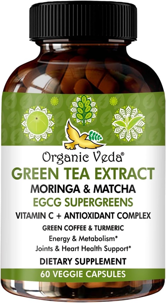 Organic Veda Green Tea Extract ECGC Capsules - Antioxidants Rich Matcha, Green Coffee Bean, Turmeric, Moringa, Vitamin C - Energy, Metabolism, Brain, Immune & Heart Health Supplement - 60 Pills