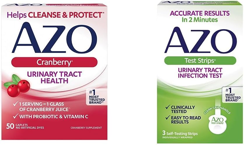 AZO Cranberry Urinary Tract Health Supplement, 1 Serving = 1 Glass of Cranberry Juice, 50 Tablets + Urinary Tract Infection (UTI) Test Strips, Accurate Results in 2 Minutes, Clinically Tested, 3 Count