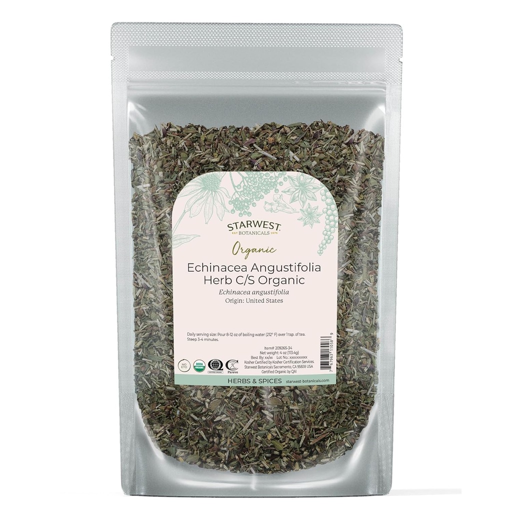 Starwest Botanicals Dried Echinacea Angustifolia Organic - Loose Leaf Herb for Tea, Tinctures, & Natural Herbal Blends, Cut & Sifted, Certified Kosher, Non-GMO - 4 oz Pouch