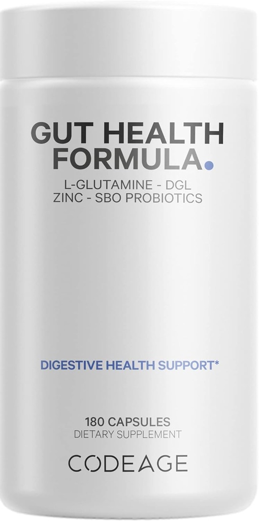 Codeage Gut Health Supplements Vegan Formula - L Glutamine, Zinc, Turkey Tail Mushroom Powder, Tonic Mushroom, Maitake, Micro Algae, Mineral, Licorice Root DGL - Probiotics, Prebiotics - 180 Capsules