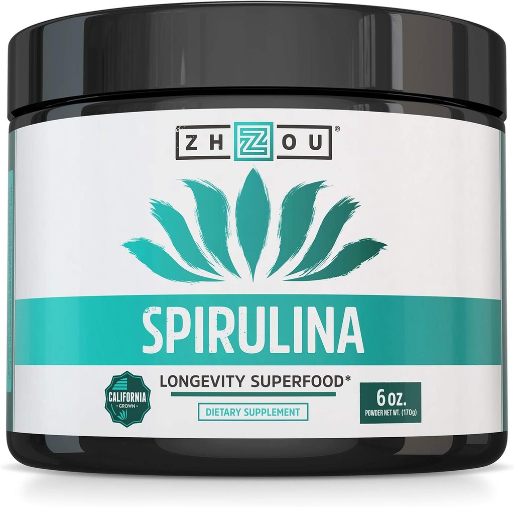 Zhou Spirulina Powder - Blue Green Spirulina Superfood for Women & Men with Vegan Protein, Chlorophyll & Phycocyanin for Smooth Energy & Longevity, Drink Mix for Smoothies - 6 oz Jar (48 Servings)