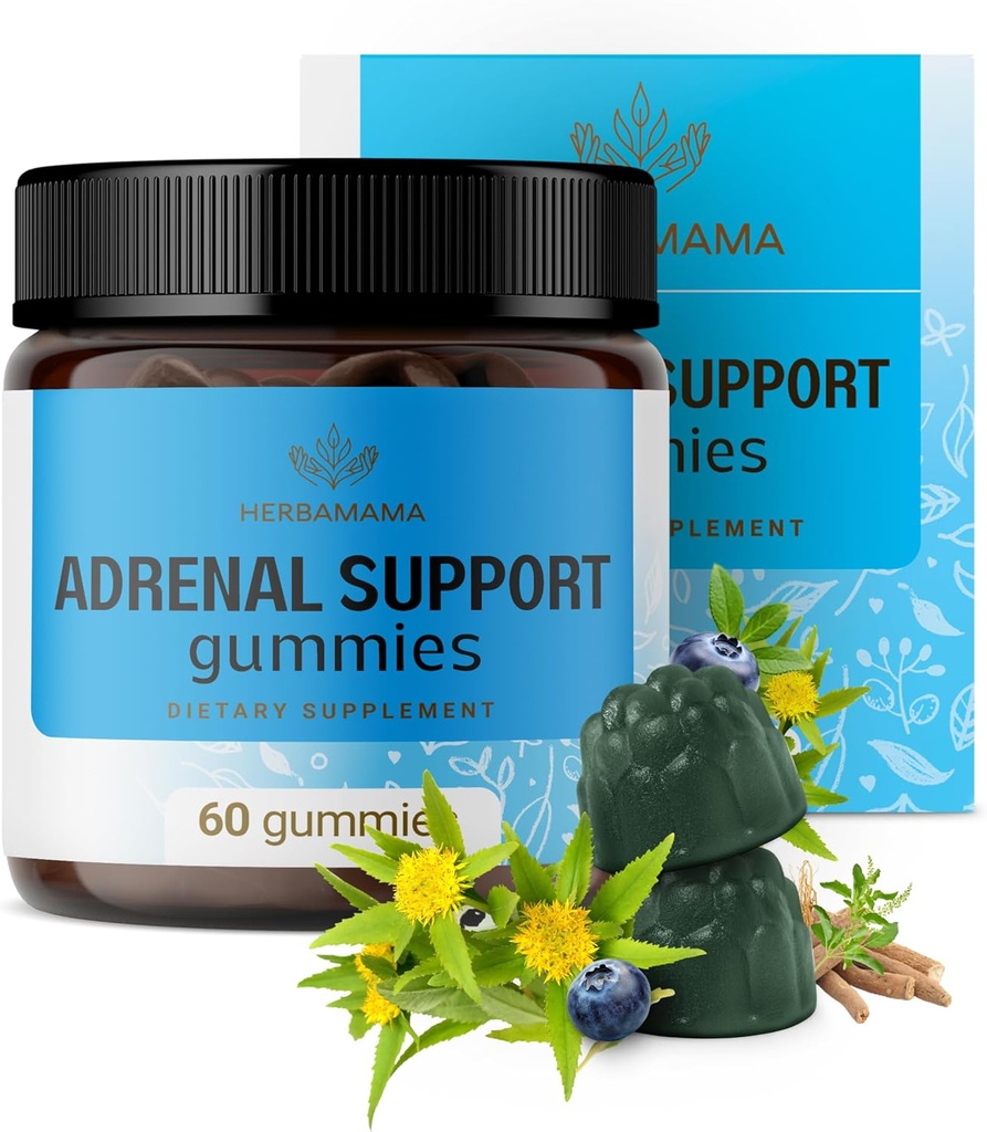 HERBAMAMA Adrenal Support Gummies - Pure Adrenal Complex Supplement for Women with Ashwagandha Root, Rhodiola Rosea & Magnesium - Vegan, Non-GMO - 60 Pectin-Based Blueberry-Flavored Chews