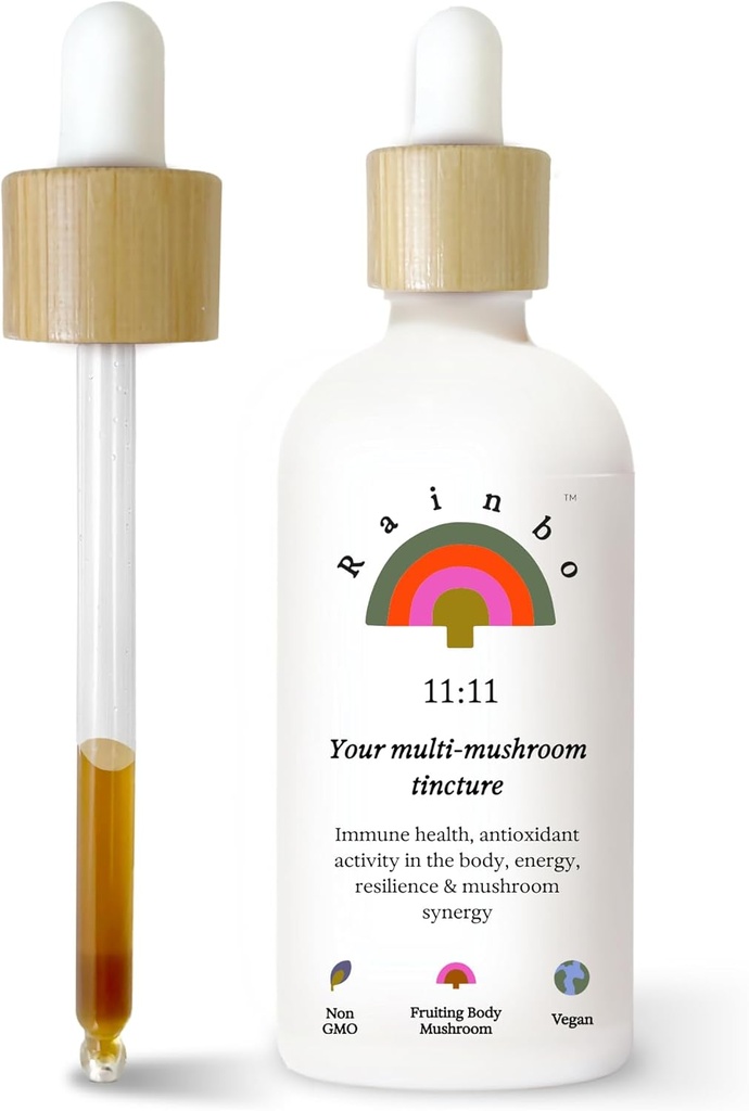 Rainbo - 11:11 Multi Mushroom Tincture - 11-in-1 Dual Extract Mushroom Blend - Comprehensive Immune Support, Brain Support, Liquid Lion's Mane & Turkey Tail, Vegan, Non GMO, 3.4 fl oz