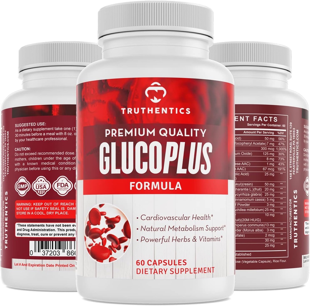 TRUTHENTICS GlucoPlus - 20 Herbs, Vitamins & Minerals with Cinnamon, Chromium, Vanadium, Bitter Melon, Alpha Lipoic Acid, Magnesium - Gluten Free, Non-GMO - 60 Capsules