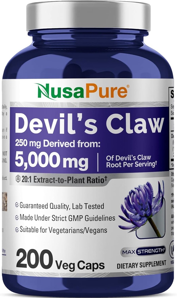 NusaPure Devil's Claw 20:1 Extract, 250 mg Equivalent to 5000mg, 200 Veggie Capsules, Concentrated Root Extract, Devils Claw Herbal Supplement, Non-GMO, Vegan Supplement