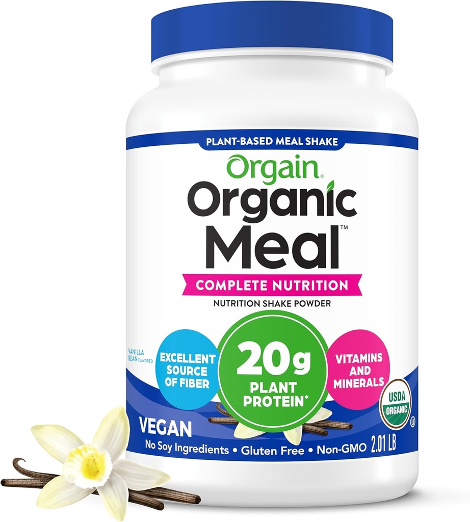Orgain Organic Vegan Meal Replacement Protein Powder, Vanilla Bean - 20g Plant Based Protein, Gluten Free, Dairy Free, Lactose Free, Soy Free, No Sugar Added, For Smoothies & Shakes - 2.03lb