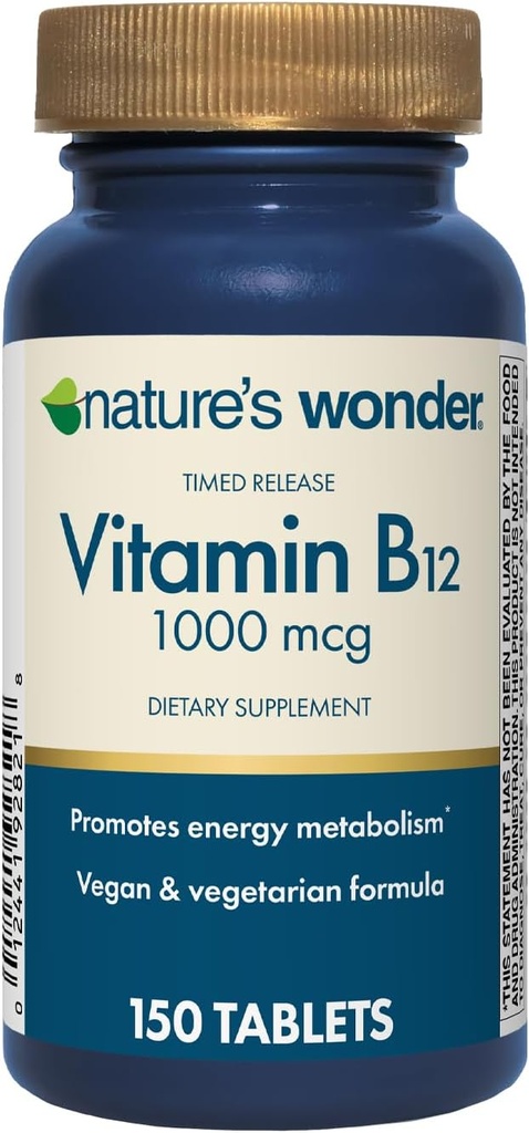 Nature's Wonder Vitamin B12 1000 mcg Timed Release Tablets for Energy Metabolism, Supports Brain Health and Nervous System Health, 150 Day Supply, 150 Tablets