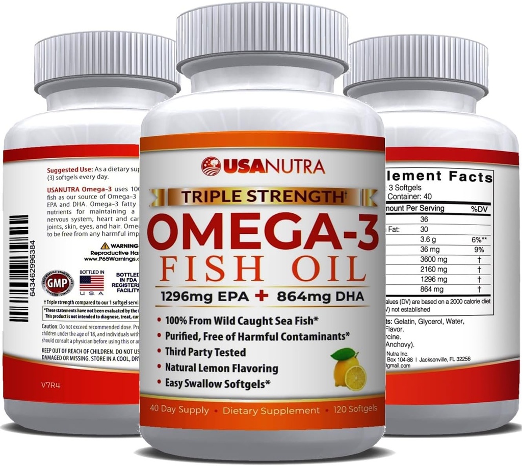 Omega 3 Fish Oil Supplement 3600mg with EPA and DHA for Women and Men Supports Joint, Brain and Heart Health 120 Softgels, 40 Day Supply