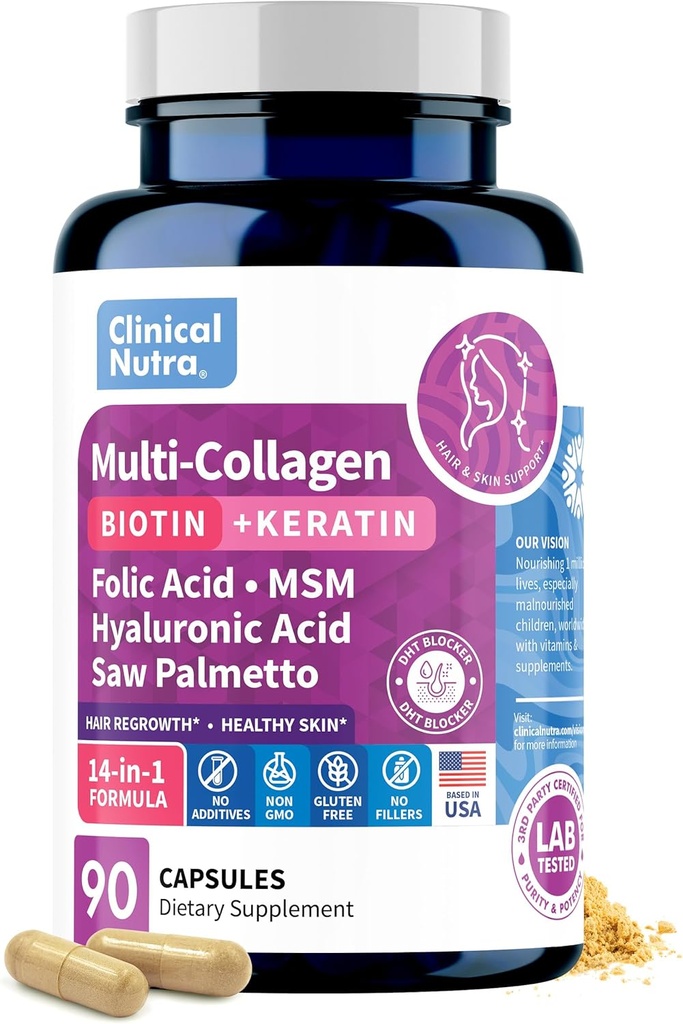 Collagen Peptides l Biotin l Keratin l Hyaluronic Acid l Saw Palmetto - Hair Growth Vitamins for Women and Men Supplement - Dht Blocker Supplements 90 Capsules USA Made