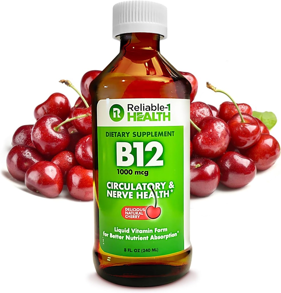 Reliable-1 Laboratories Liquid Vitamin B12 Daily Supplement 1000mcg for Adult Men & Women - Natural Cherry Flavor