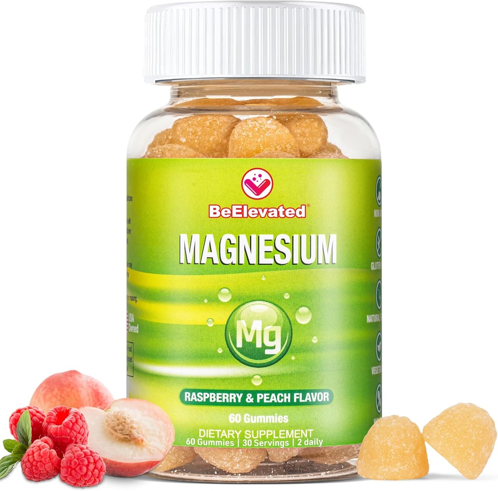 Magnesium Citrate Gummies for Adults - Supplements for Women & Kids Daily Wellness - Peanut Free Vitamin Gummy - Raspberry and Peach Flavor Chewable Supplement - 60 Count
