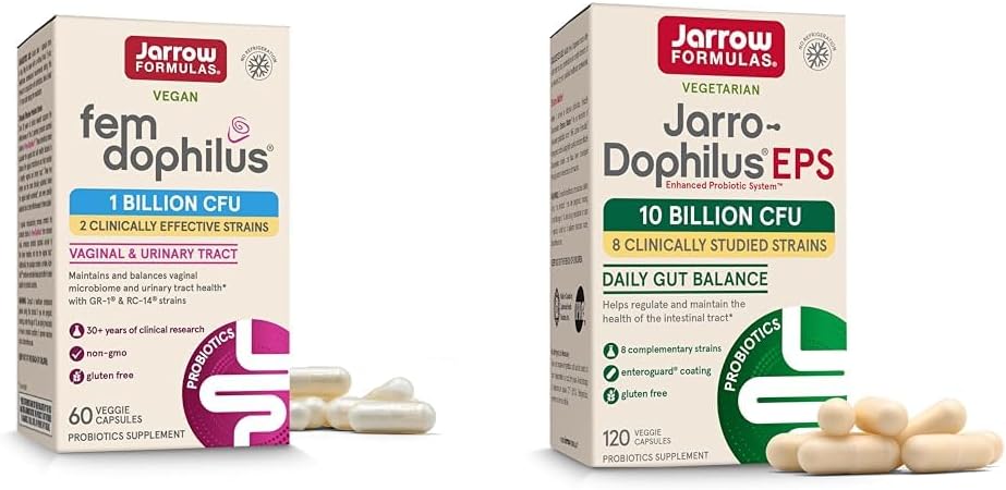 Jarrow Formulas Probiotics Bundle with Fem-Dophilus 1 Billion CFU and Jarro-Dophilus EPS 10 Billion CFU, 180 Veggie Capsules