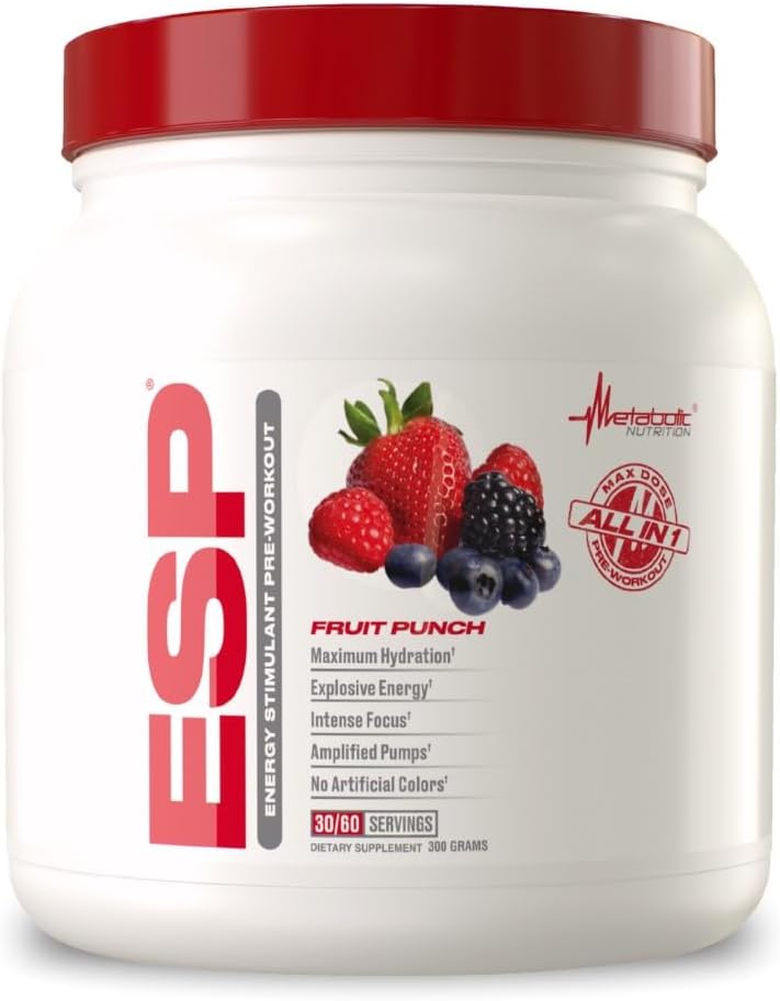 Metabolic Nutrition, ESP, Energy and Endurance Stimulating Pre Workout, Pre Intra Workout, High Energy and Mental Focus, Stimulating Workout Supplement, Fruit Punch, 300 Grams (90 Servings)