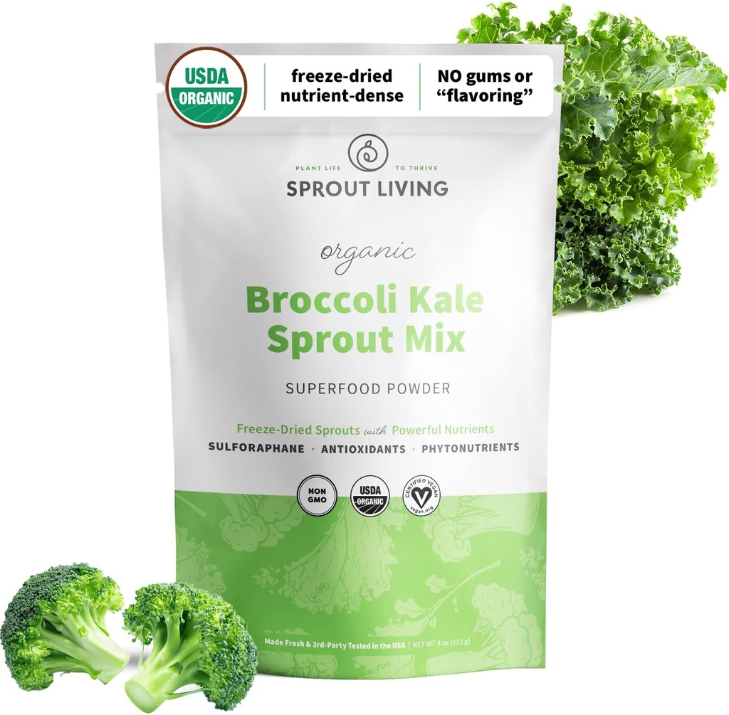 Sprout Living Broccoli and Kale Organic Sprout Mix, Freeze Dried Superfood Greens Powder, 100% Pure, Vegan, Non-GMO, Gluten Free (4 ounces, 32 servings)