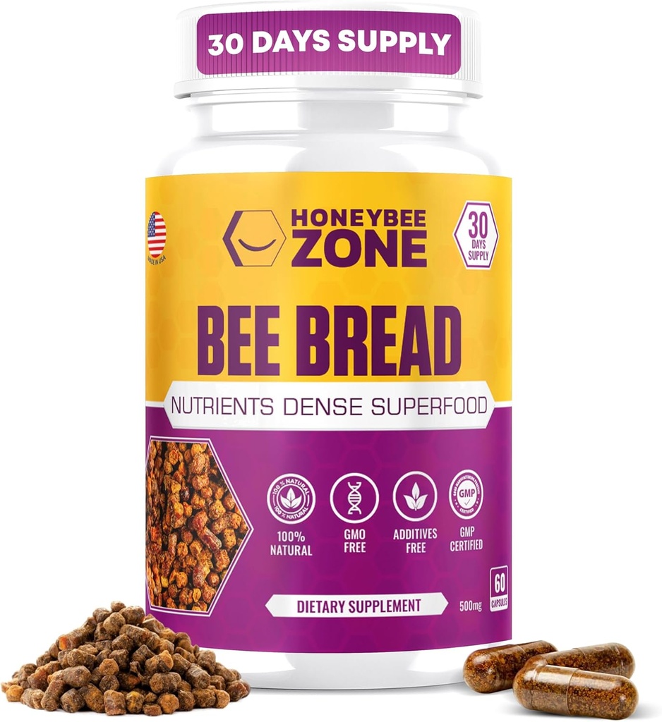 Bee Bread Capsules – Nutrient-Rich Superfood for Energy Boost, Immune Support Supplement | Non-GMO, Gluten-Free, 60 Easy-to-Swallow Veggie Capsules