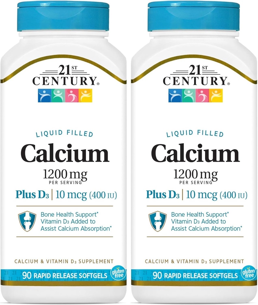 21st Century Calcium Plus D3 Liquid Filled Softgel, 1200 mg, 90 Count (Pack of 2)