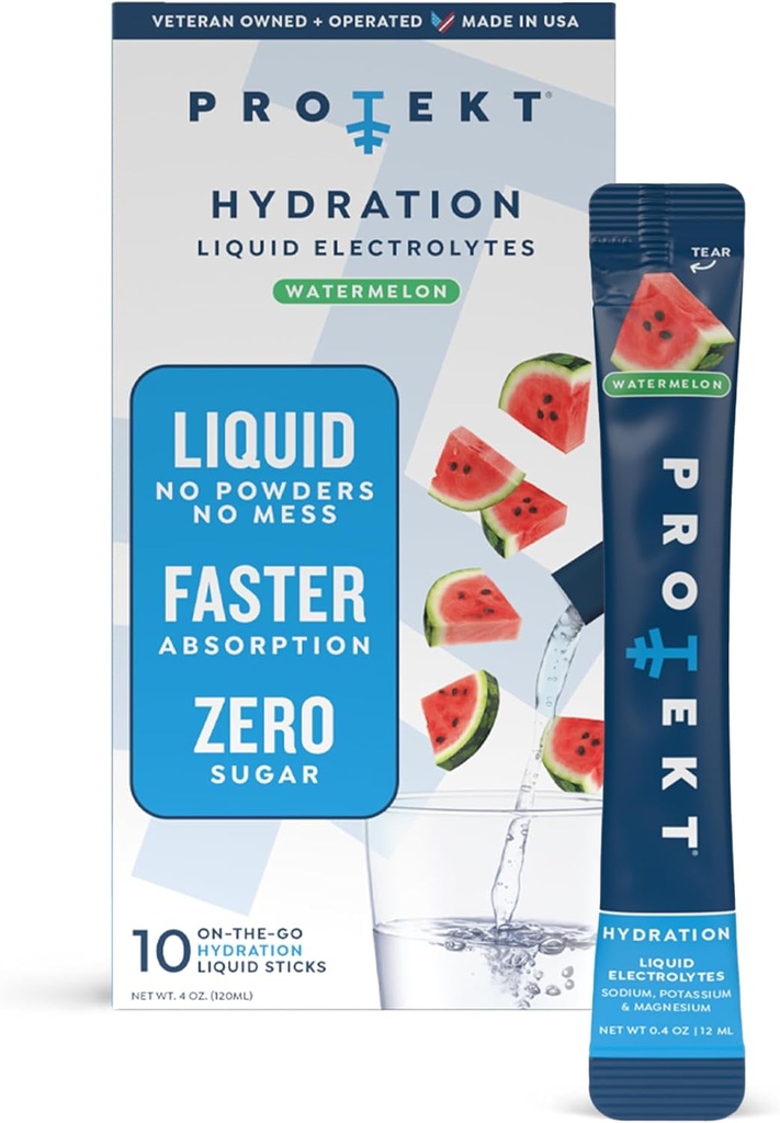 PROTEKT Electrolyte Packets for Recovery & Hydration | Organic & Sugar-Free Electrolytes Drinks | Works Faster Than Powder Drink | On-The-Go Liquid Hydration Drink | Watermelon, 10 Pack