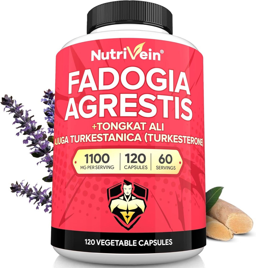 Nutrivein Premium Fadogia Agrestis and Tongkat Ali Supplement with Turkesterone - 1100 mg - 120 Caps - Synergistic Blend for Performance, Strength, & Recovery for Men & Women of All Ages