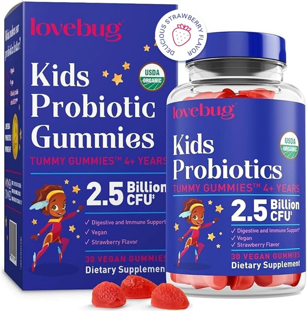 LOVEBUG Kids Probiotic Gummies - Toddler Immunity Support & Constipation Relief - USDA Organic Probiotics for Childrens Gut & Digestive Health (Age 4+) - 30 Strawberry Flavoured Vegan Gummies