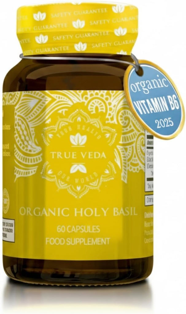Holy Basil Capsules - USDA Organic Vitamin B6 Capsules | High Strength Vitamin B6 and 2.5% Ursolic Acid | Tulsi Holy Basil Leaf Capsules | Holy Basil Extract 15:1 | Herbal Supplement | 60 Vegan Pills