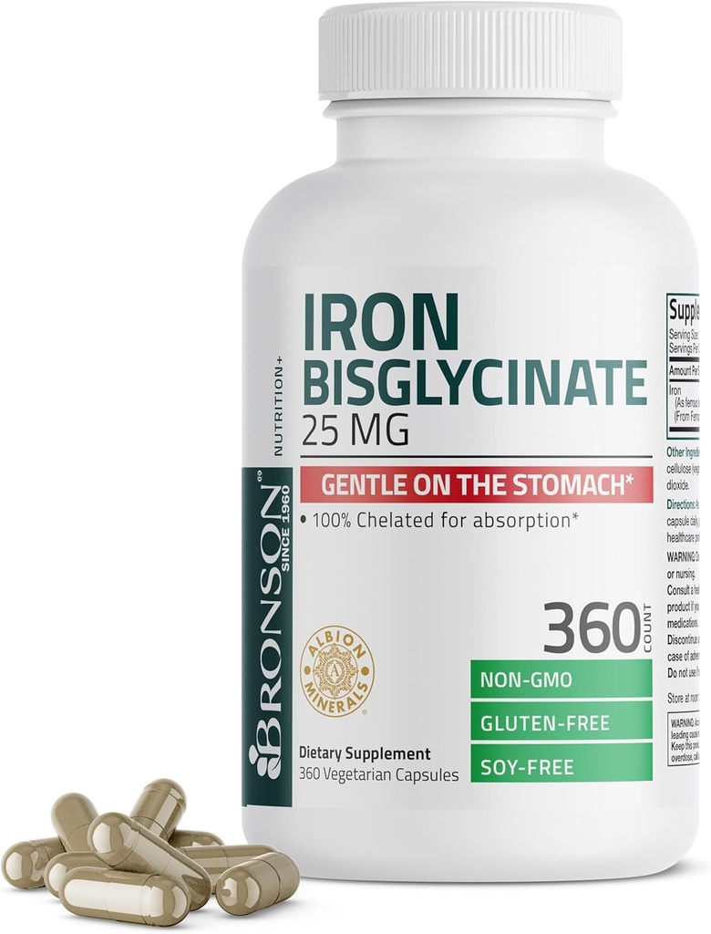 Bronson Iron Bisglycinate 25 mg Gentle on The Stomach, Supports Energy & Healthy Red Blood Cell Production - Non-Constipating Formula - Non GMO, 360 Vegetarian Capsules