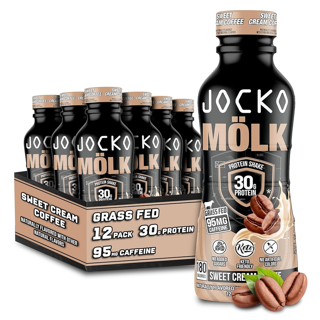 Jocko Fuel Mölk 30g Grass Fed Protein Shakes - No Added Sugar Protein Drinks KETO Friendly - Ready to Drink 12 FL Oz (Pack of 12) Sweet Cream Coffee