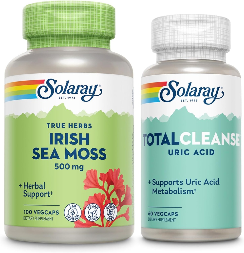 SOLARAY Irish Sea Moss and Total Cleanse Uric Acid - Wellness and Joint Health Bundle w/Naturally Occurring Vitamins, Minerals, Live Bacteria, Plus Tart Cherry, Turmeric and Celery Seed, 100/60ct