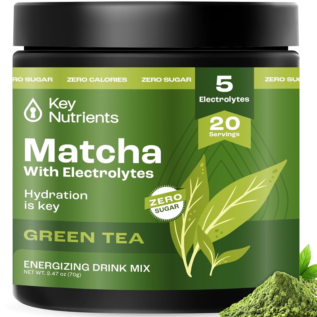 KEY NUTRIENTS Matcha Powder - Unsweetened Matcha Powder with Electrolytes for Hydration and Energy - Green Tea - No Sugar - Made in USA, 20 Servings