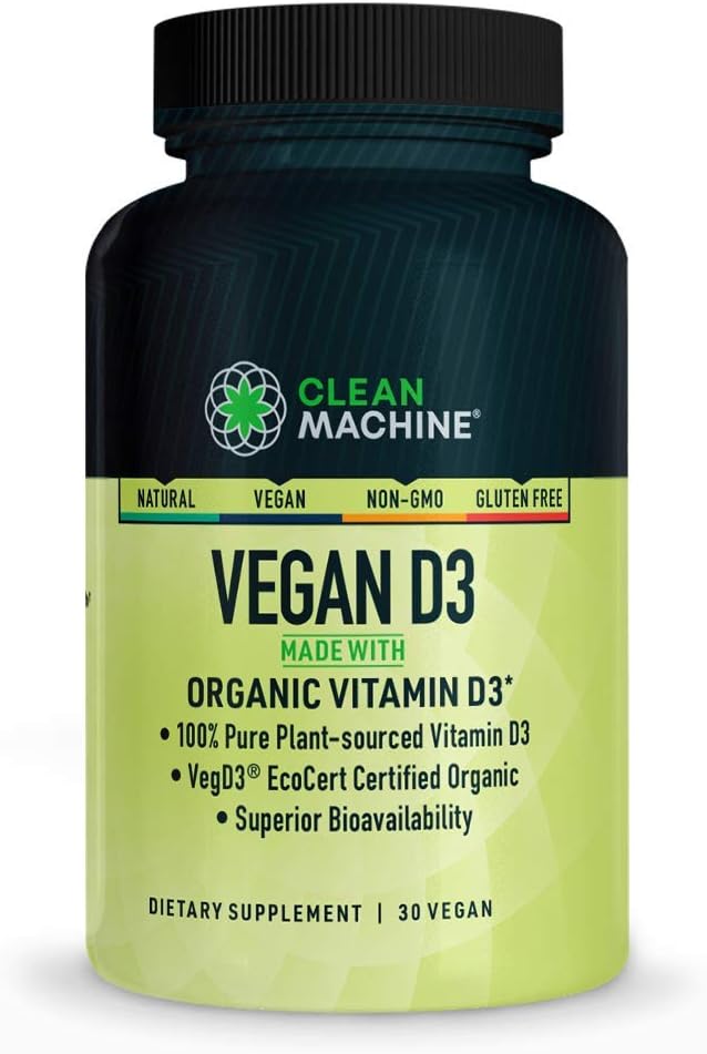 CLEAN MACHINE Certified Organic Vegan Plant Based Vitamin D3 4000 IU per Pill - Natural D3 Supplement for Optimal Health - 30 Vegan Capsules (USDA Certified Organic)