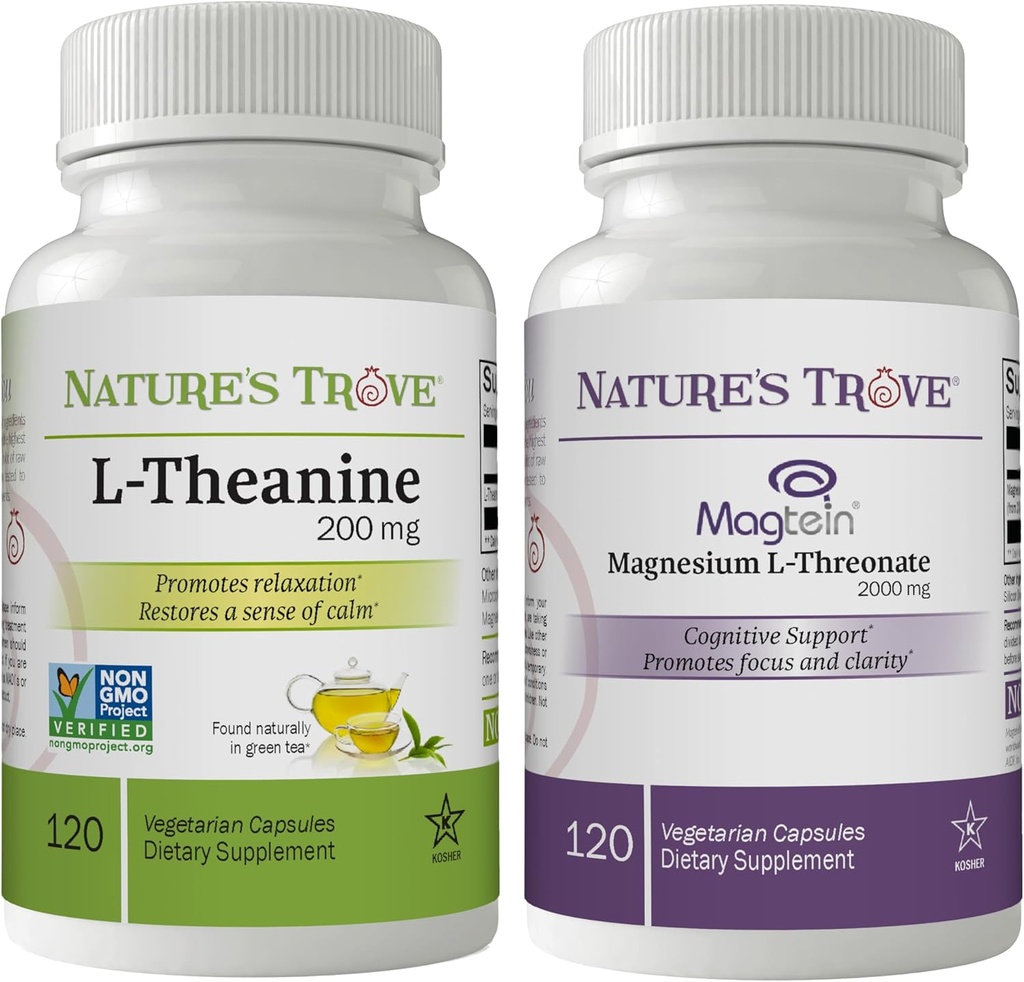 Nature's Trove L-Theanine Supplement 200mg & Magtein Magnesium L-Threonate Supplement 2000 Mg – Sleep, Calm & Stress Relief Bundle