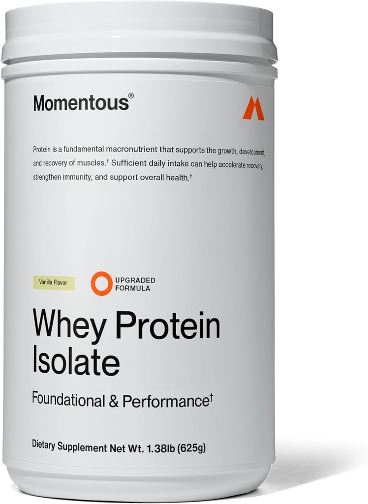 Momentous Essential Grass-Fed Whey Protein Powder - 20 g Whey Isolate Protein - NSF Certified for Sport - Gluten-Free - 25 Servings for Essential Everyday Use - Vanilla - Package May Vary