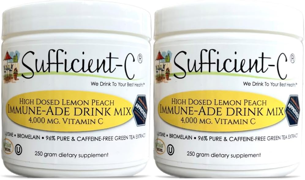 Sufficient-C High Dose Non-GMO Vitamin C - Lemon Peach Immune-Ade Drink Mix 250 Grams - Healthy Hydration Like Never Before (2 Pack)