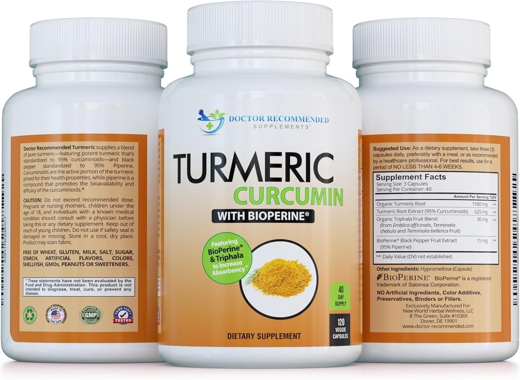 Turmeric Curcumin - 2250mg/d - Veggie Caps - 95% Curcuminoids with Black Pepper Extract (Bioperine) - 750mg Capsules - 100% Organic - Most Powerful Turmeric Supplement with Triphala (120 Count)